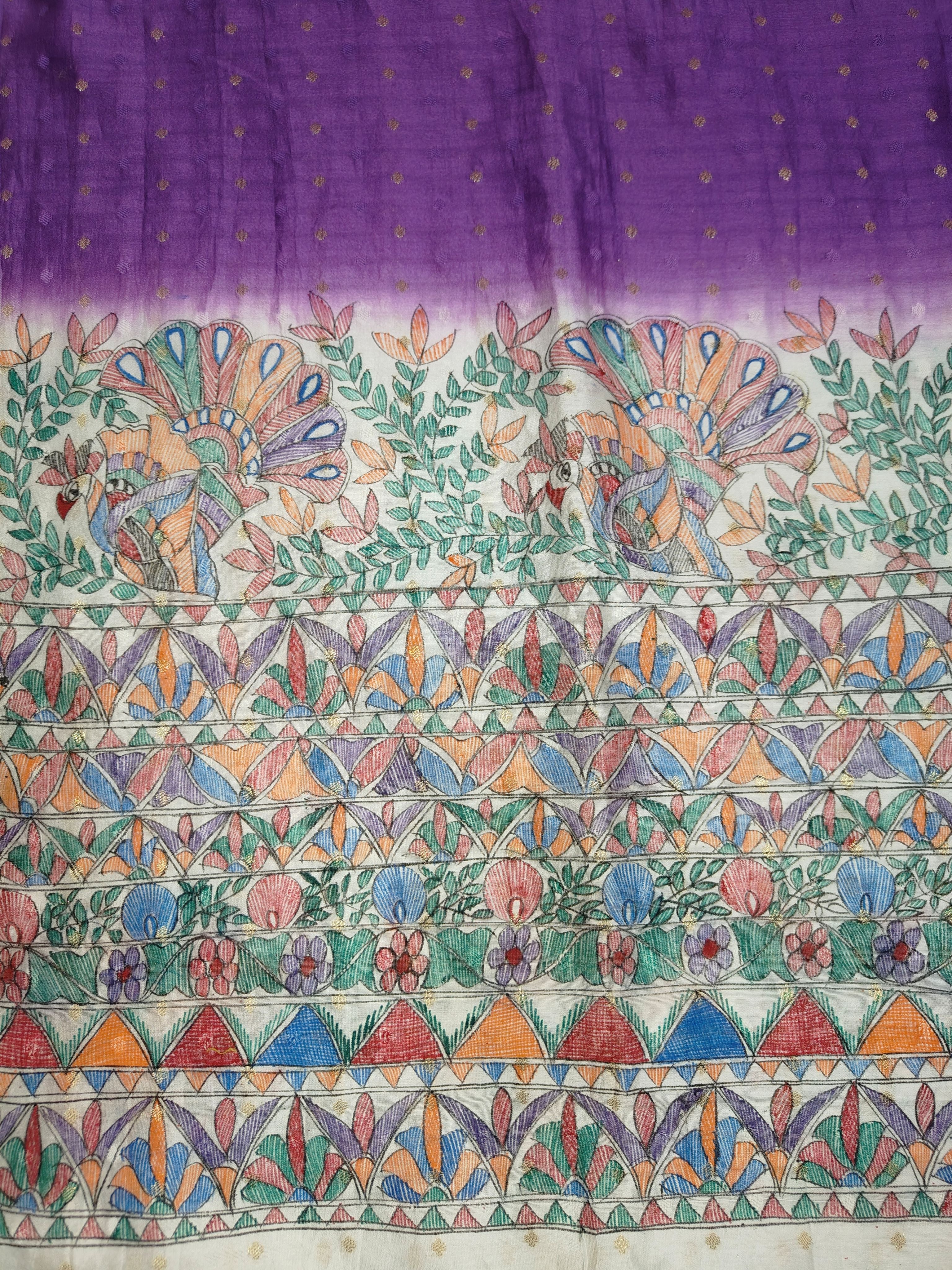 Hand-painted Madhubani with Bandhani - Unstitched Suit Set on Chanderi - Purple